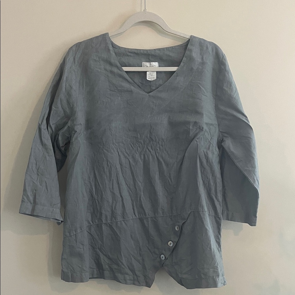 Mosaic USA Linen Top‎ Lagenlook Mother of Pearl Coastal Casual Resort Slate Blue